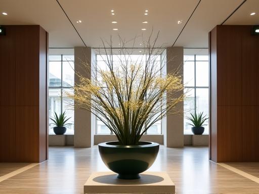 A dramatic and minimalist Ikebana display for a corporate office lobby.