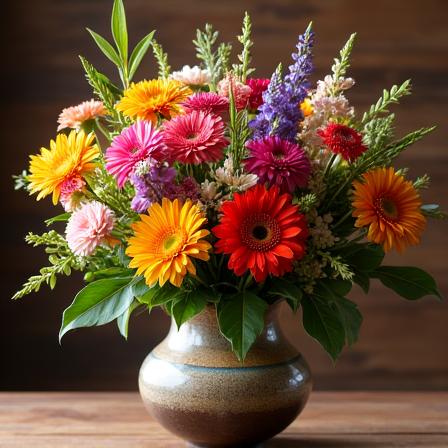 A vibrant 'omakase' (chef's choice) arrangement in a ceramic vase.