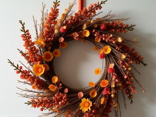 A beautiful autumn wreath made with dried flowers and foliage.