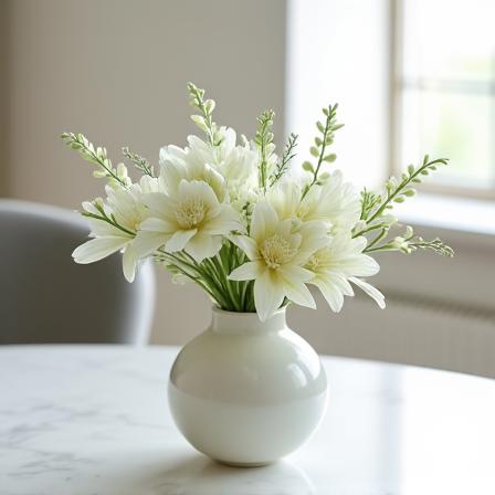 A small, elegant tabletop flower arrangement perfect for a home interior.