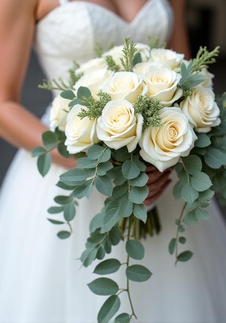 A bride holding a cascading bouquet of white roses and eucalyptus.